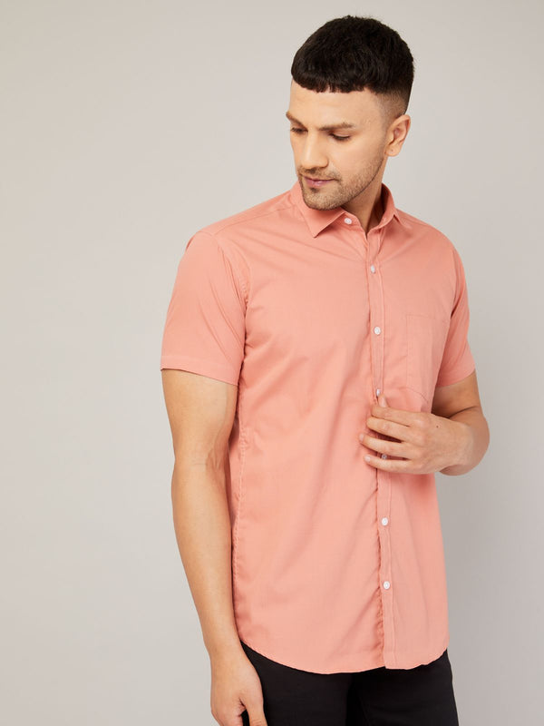 Louis Monarch's Men Regular Fit Solid Peach Spread Collar Casual Half Shirt