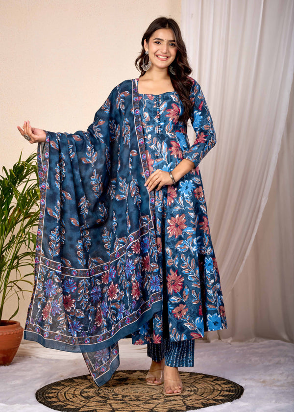 BLUE BLOOMS HAND CRAFTED FLORAL ANARKALI SUIT SET