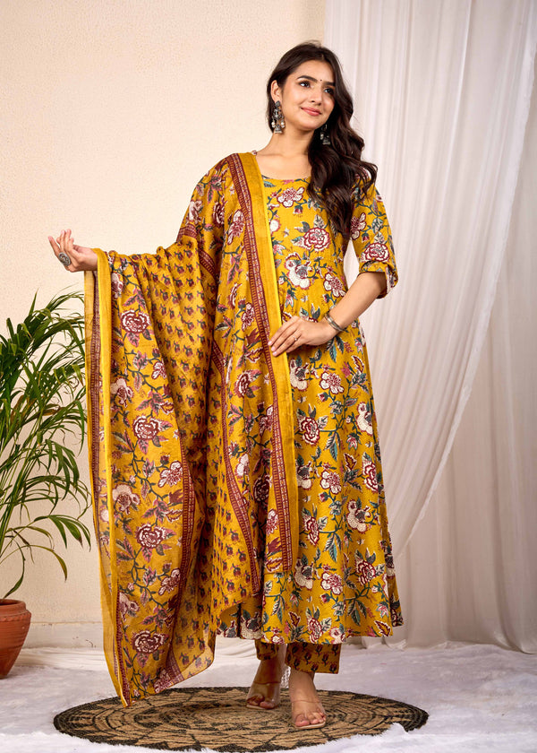 SUNLIGHT BLUSH HAND CRAFTED FLORAL ANAKALI COTTON SUIT SET