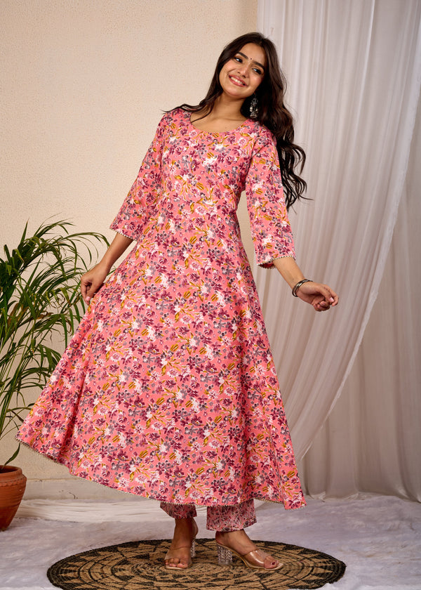 BALLON FLOWER HAND CRAFTED COTTON ANARKALI SUIT SET
