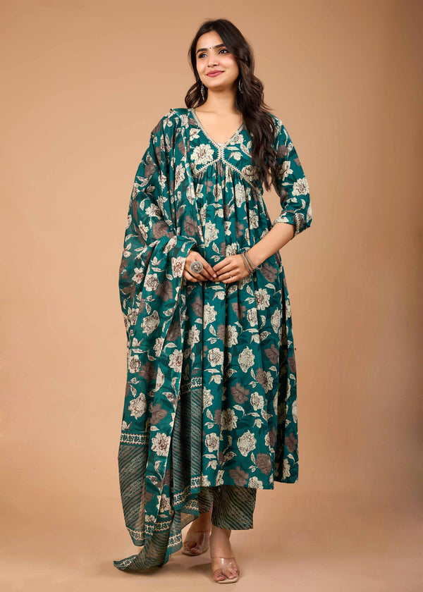 AARNA GREEN HAND CRAFTED FLORAL ANRAKALI SUIT SET