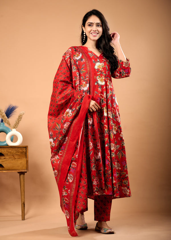 Raya Red Hand Crafted Floral Cotton Suit Set